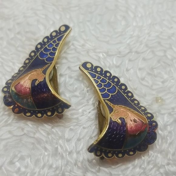 Jewelry - Unicorn Earrings Blue Enamel Gold Clip Earrings
